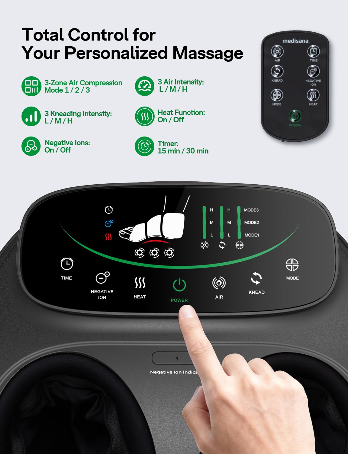 Medisana Shiatsu Foot Massager with Heat, Air Compression, Kneading & Negative Ion for Plantar Fasciitis, Neuropathy, Wireless Control, Birthday Christmax Gifts for Women Men, Up to Foot Size 13