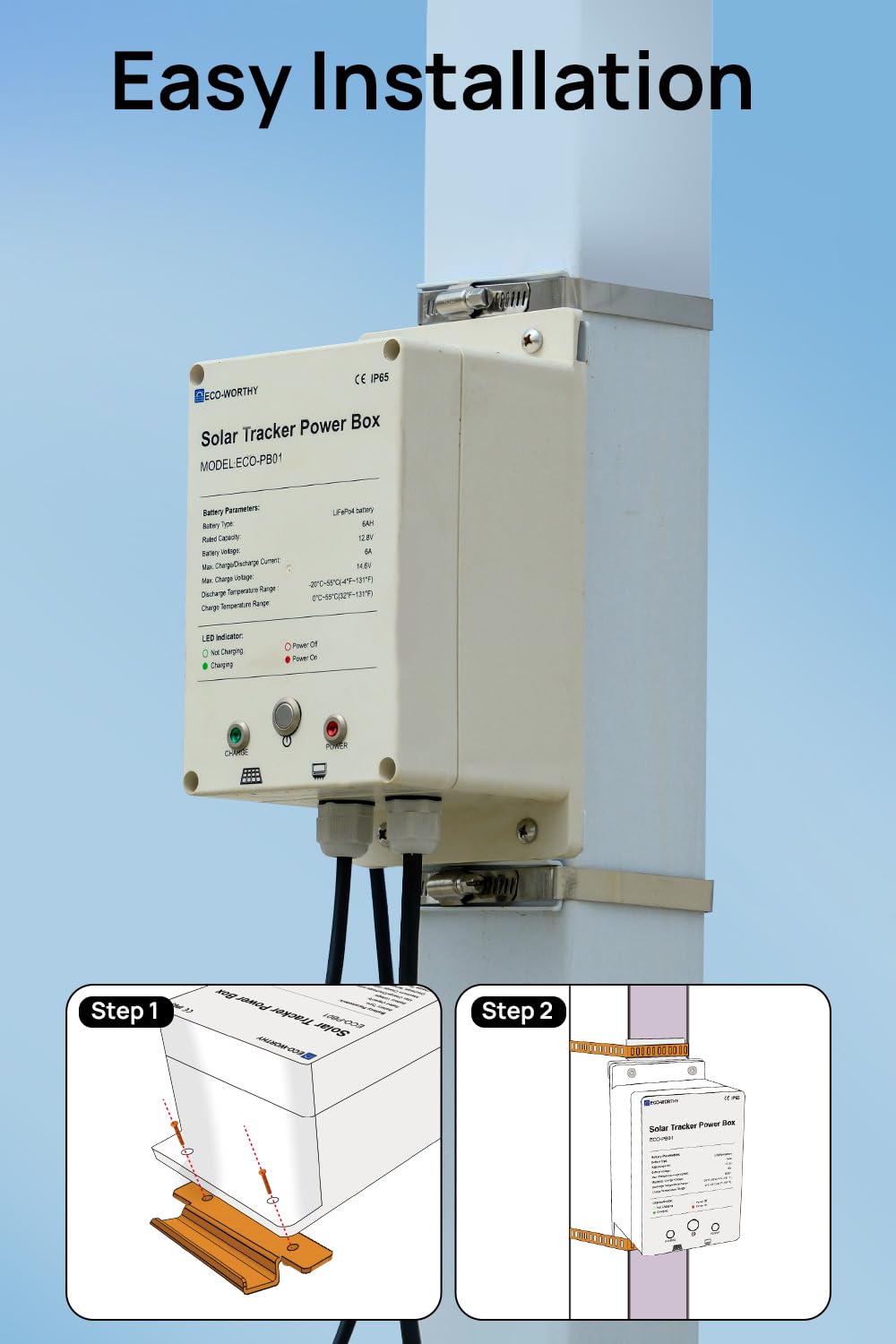 ECO-WORTHY Power Box for Solar Tracker System IP65 Waterproof: 10W Monocrystalline Solar Panel + 6AH 12V LiFePO4 Battery with 3000+ Cycles and BMS Protection Plug and Play for Garden and Outdoor