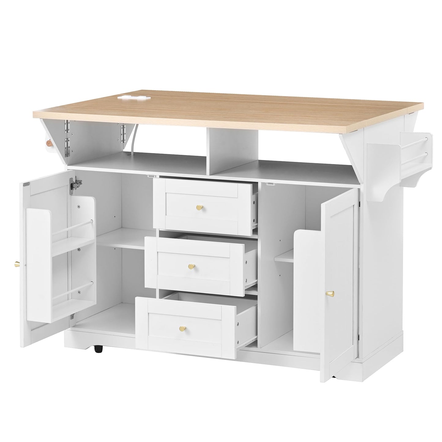PVWIIK Large Kitchen Island,48 * 18 * 37 Rolling Kitchen Cart on 5 Wheels,Folding Storage Dining Table with 2 Drop Leaf,Spice & Towel Rack & 3 Drawers,Power Outletfor Kitchen, Dining Room,White