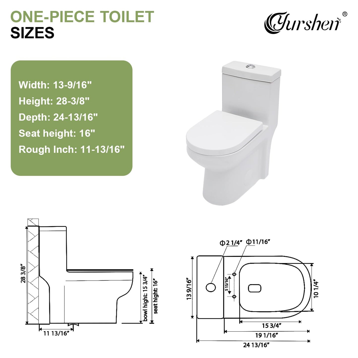 Yurshen 15.7" Elongated One Piece Toilet Compact for Small Bathroom Dual Flush 1.1/1.6 GPF, 12" Rough-in High Efficiency Flush, Standard White Bowl Ceramic- 24.7"D x 13.5"W x 28.2"H