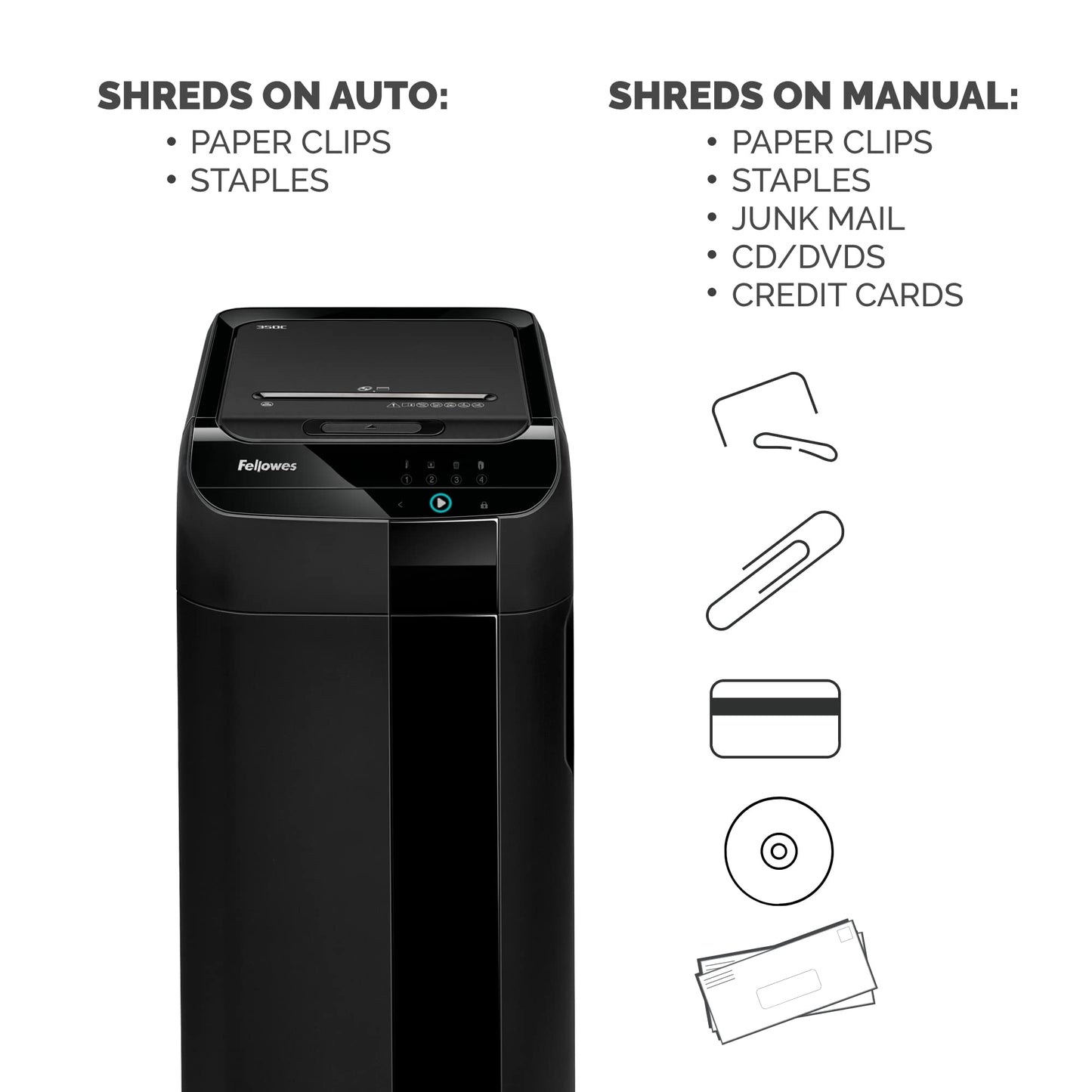 Fellowes AutoMax 350C Cross-Cut Commercial Office Auto Feed 2-in-1 Paper Shredder with 350 Sheet Capacity, Black (4694001)