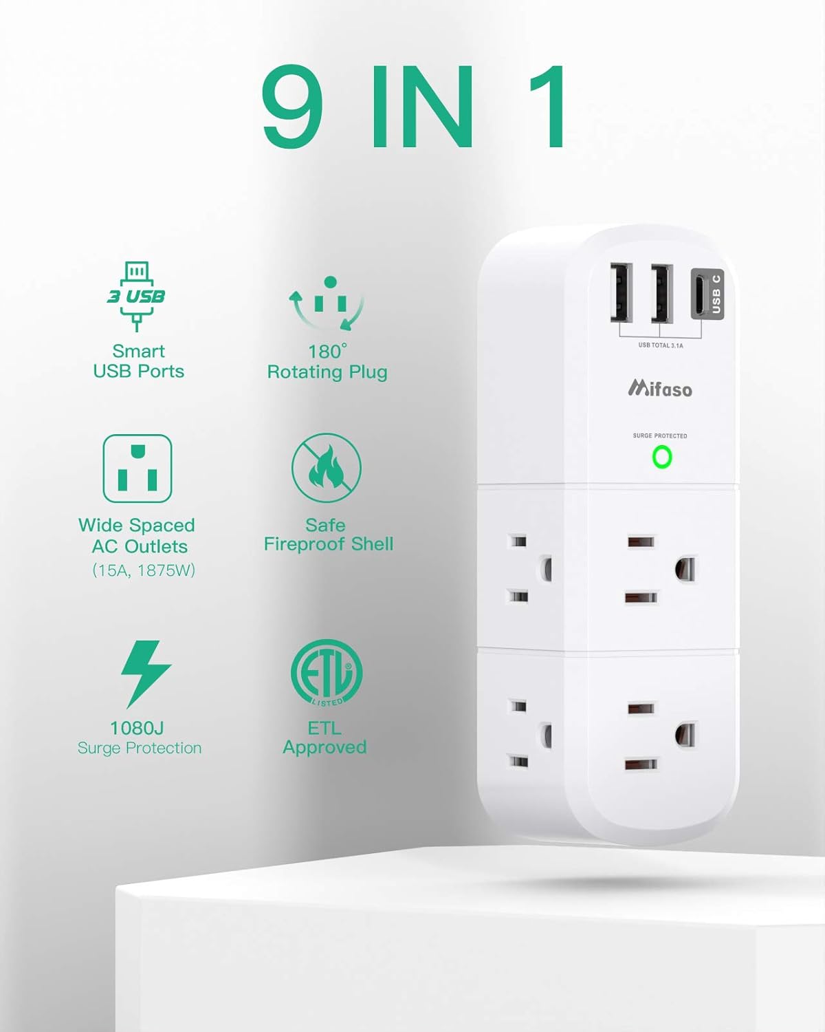 Mifaso 6 3 1800 3-Sided Outlet Extender with Rotating Plug, Surge Protector AC Multi Plug Wall Outlets and USB Ports