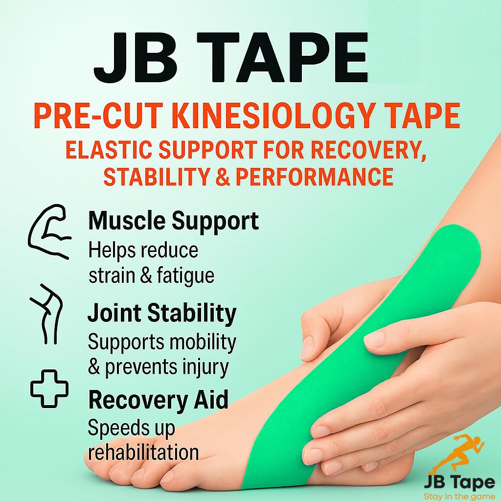 June Bugz Enterprises JB Tape Kinesiology Tape – 80 Precut 10-Inch Strips – Green – Elastic, Latex-Free, Water Resistant – Athletic Muscle & Joint Support – 4 Rolls