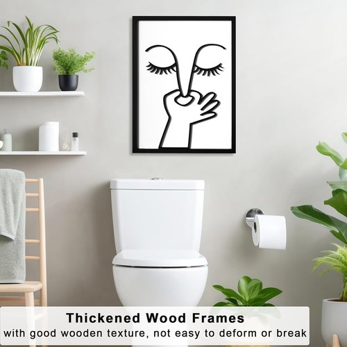 KIOSSUT 3D Wood Framed Bathroom Wall Art - Cute Black and White Toilet Pictures | Ready to Hang, 12 x 16 Inches
