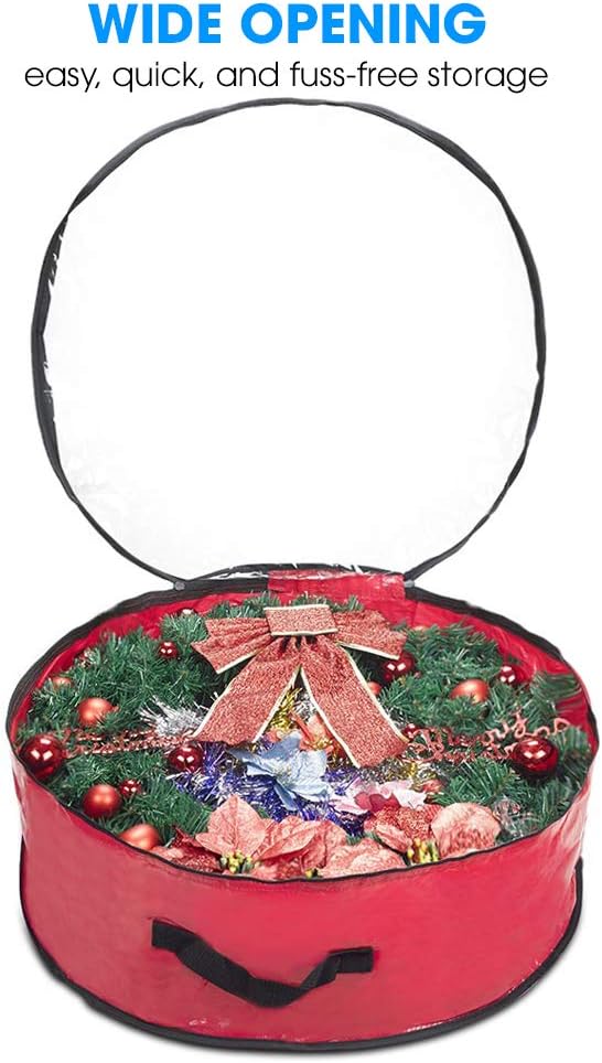 Propik Christmas Wreath Storage Bag - Tear Resistant Holiday Container with Clear Window | 30" X 30" X 8" (Red)