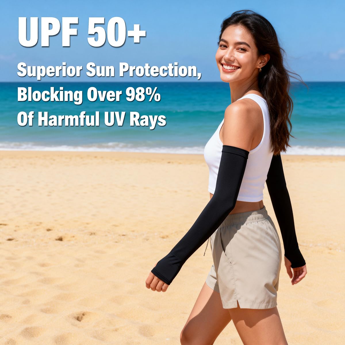 JUSDIQIR Sun Protection Arm Sleeves With Thumb Holes for Men Women, Cooling Compression UV Arm Cover, Outdoor Sports Sleeve (Black 1 pair)