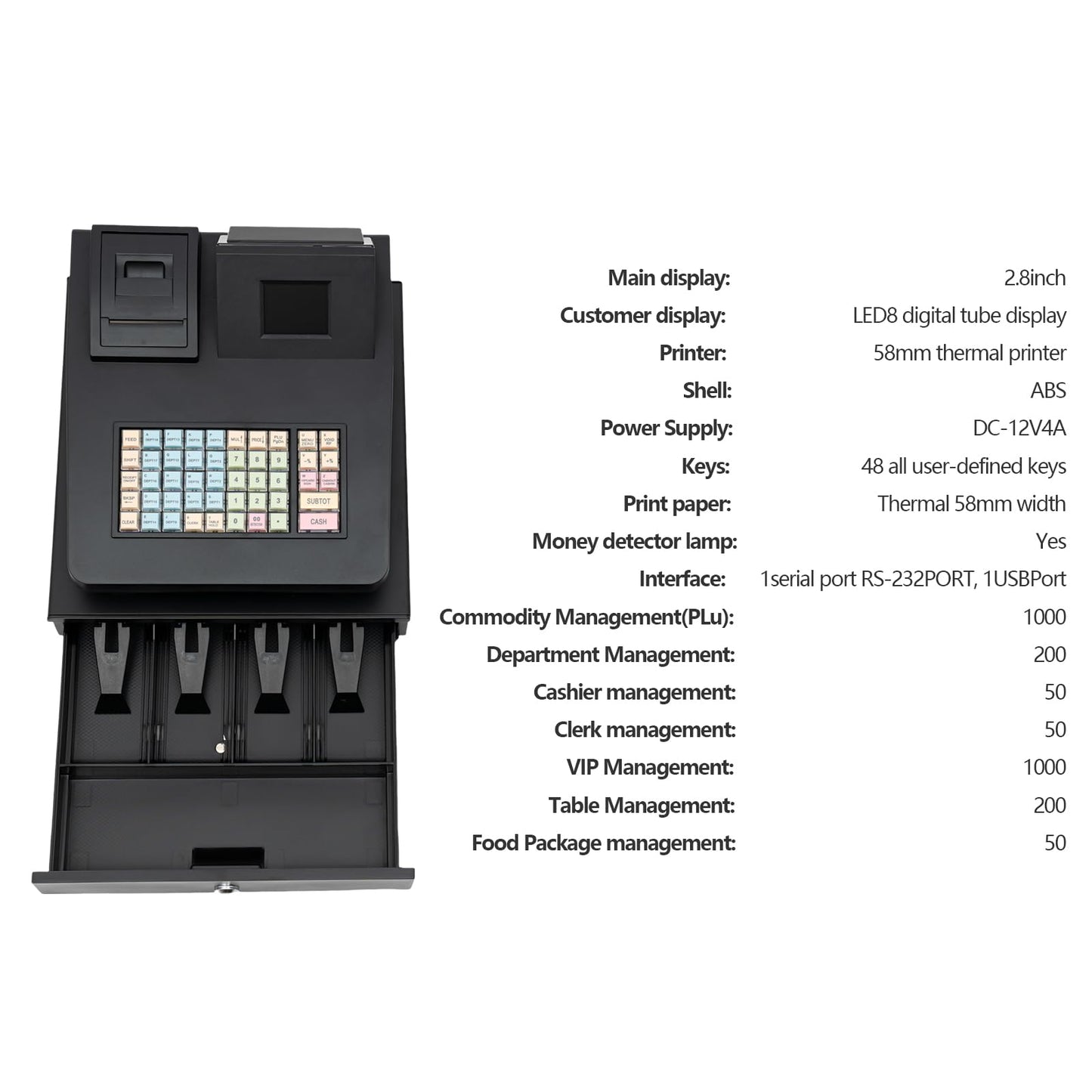 Cash Register for Small Businesses & Restaurant, Electonric caja registradora w/Cash Drawer, 200Dept/1000Items/200Tables/30Tastes/50Clerks/15Reports,Supports Scanner Scale Printer(Black)
