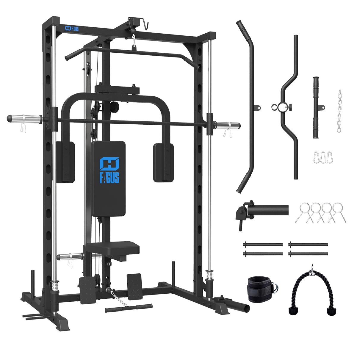 FAGUS Smith Machine Power Rack with Chest Fly Station & LAT-Pull Down System, Landmine, T-Bar Row Handle, Tricep Rope, Ankle Strap, Plate Storage Bars, Band Pegs and More Training Attachments, Black