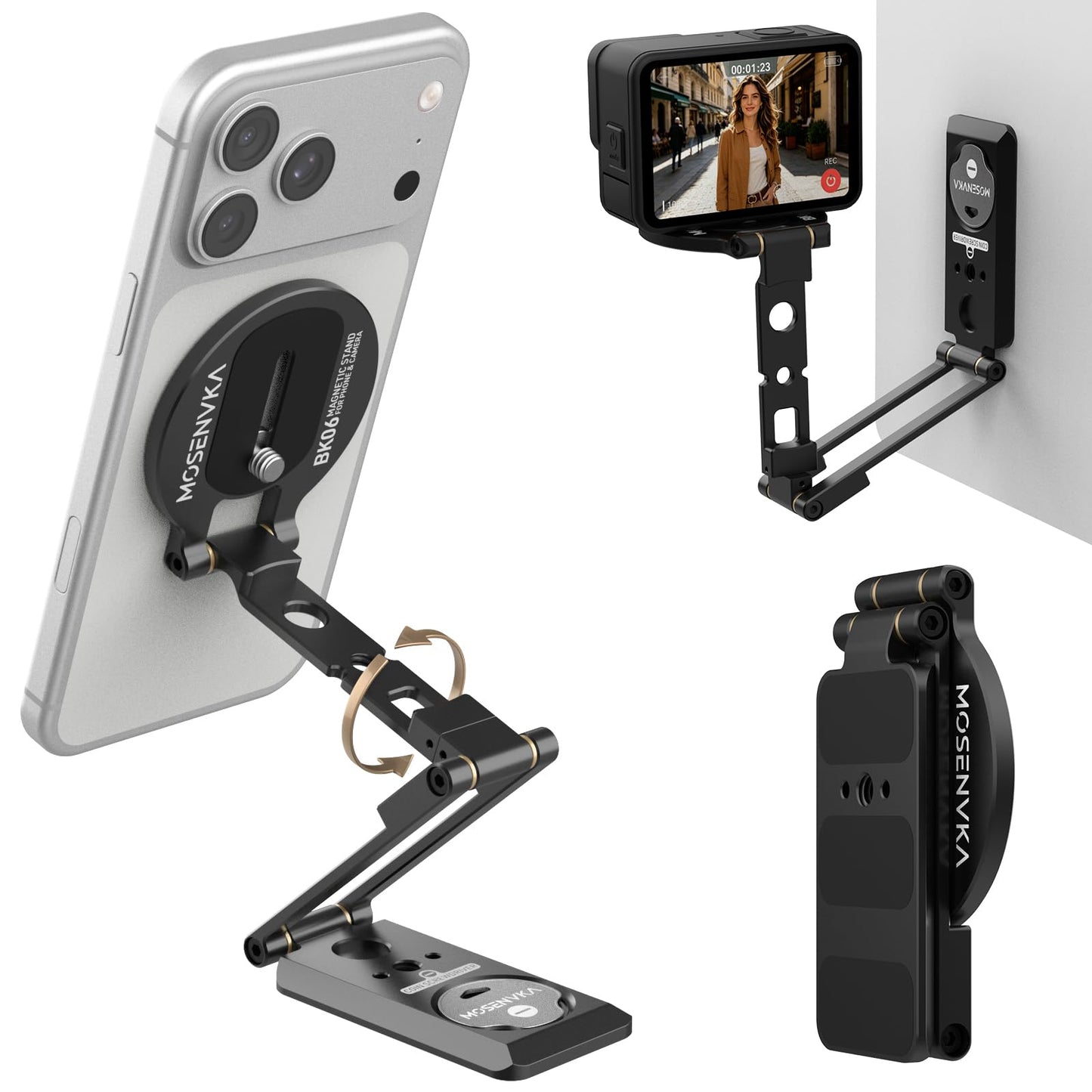 MOSENVKA 2-in-1 Magnetic Phone Mount & Action Camera Stand, N52 Magnet for Gym | Foldable Desk Holder Arca-Swiss & 1/4" Screw, for MagSafe iPhone, DJI Osmo Pocket 4/3, for GoPro 13/12 |Design Patented