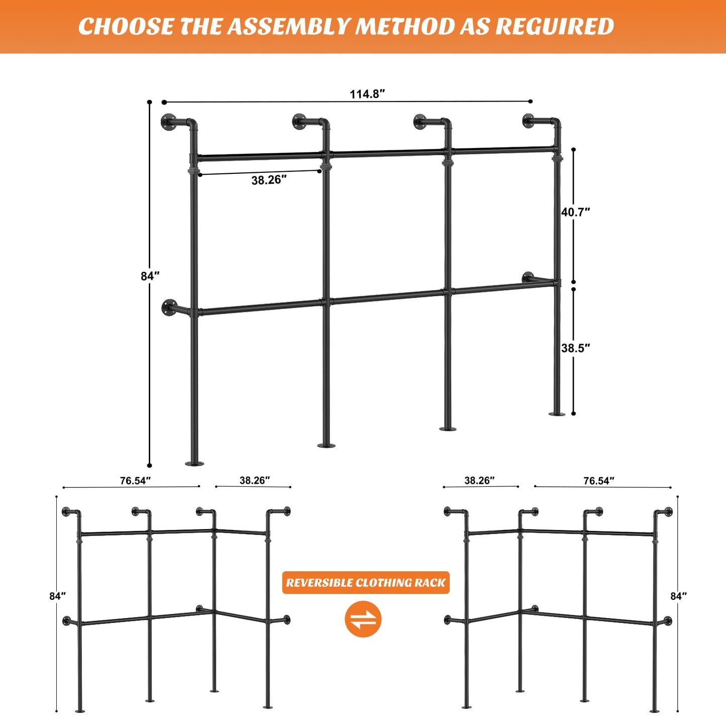Aheaplus Industrial Pipe Clothing Rack, Reversible 9.85FT Clothes Rack for Hanging Clothes, Heavy Duty Garment Racks, Wall Mounted Closet Wardrobe Racks, Corner L Shaped Walk-in Closet System, Black