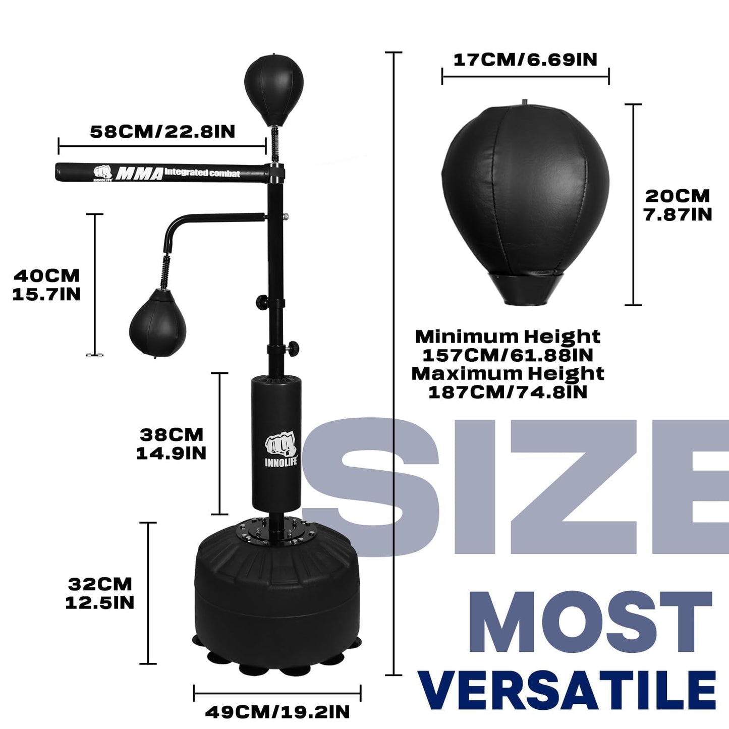 45~82IN Boxing Bar 60L Base Punching Bag Spinning Trainer with Reflex Bar, Adjustable Suitable for Adults (Black)