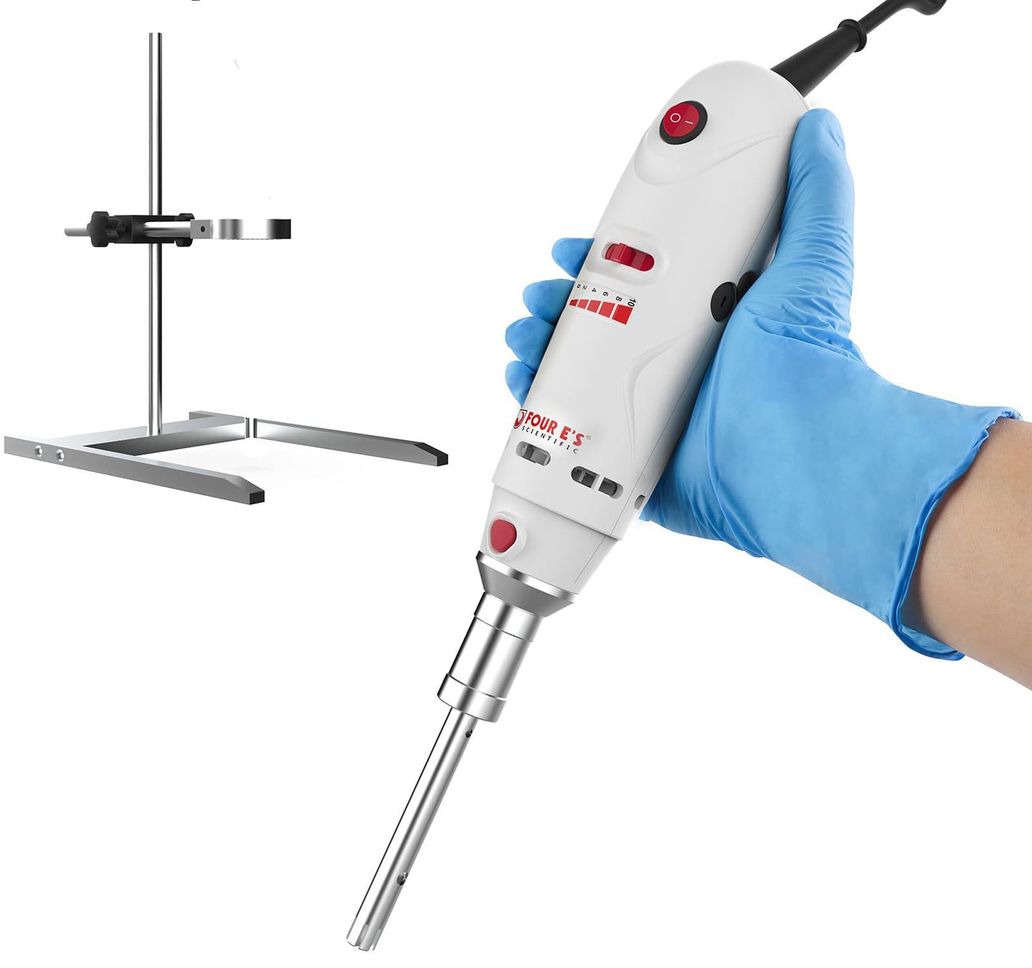 FOUR E'S SCIENTIFIC Lab Homogenizer 8000-30000rpm with Stand, High-Speed Handheld Homogenizer Emulsifier with a 10mm 316L Stainless Steel Probe 1mL-250mL
