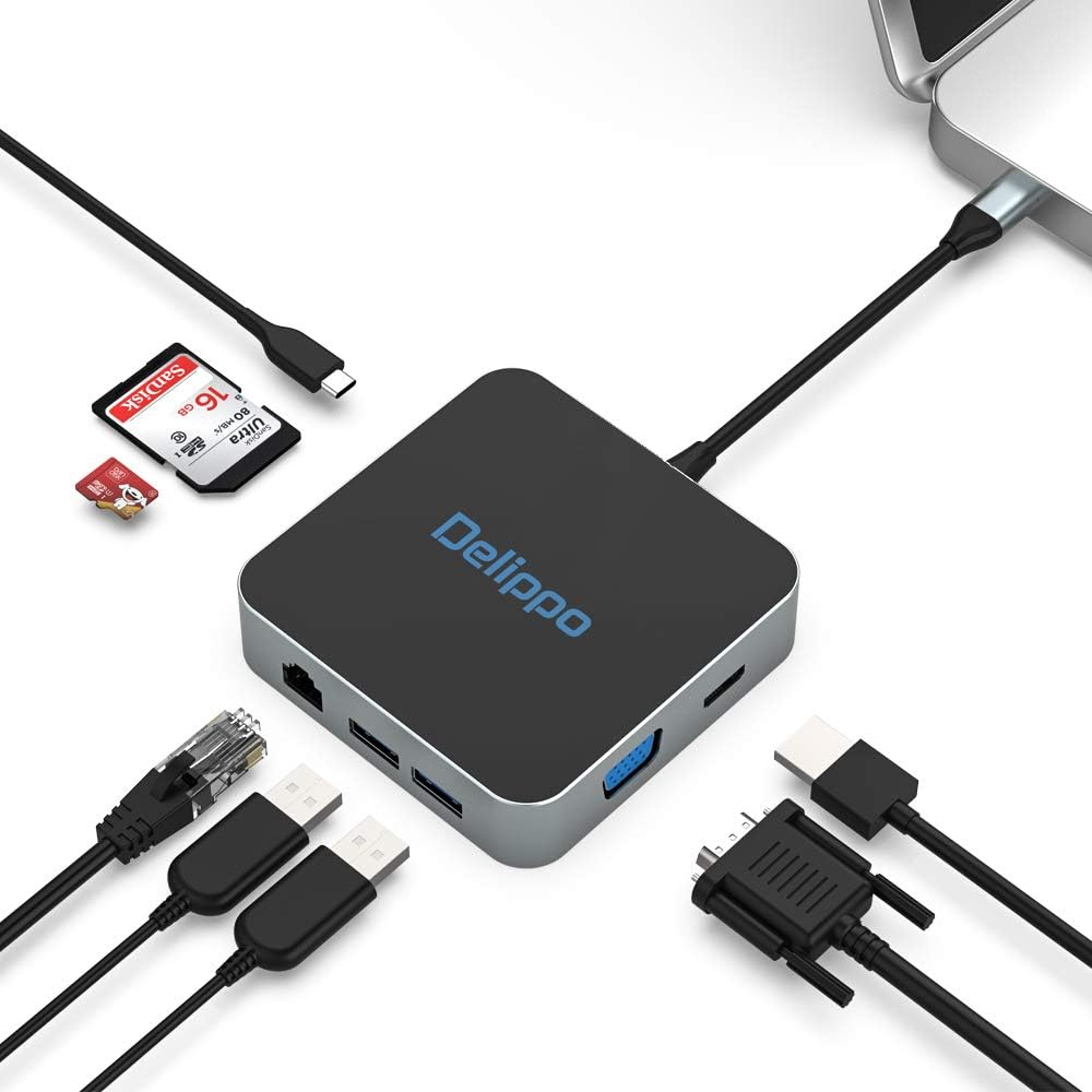 Delippo 8 1 Charging,4K HDMI,1080 2 USB C Hub Docking Solution, in with Charger dongles Gigabit Ethernet Port, PD Type