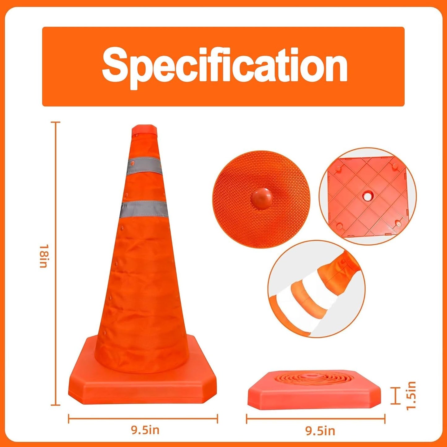 18 Inch 1 Pack Collapsible Traffic Safety Cones,with High-Visibility Reflective Vest, Multi Purpose Pop-up Cones with Reflective Collar for Road Safety, Orange Cones for Driving Training, Parking Lots