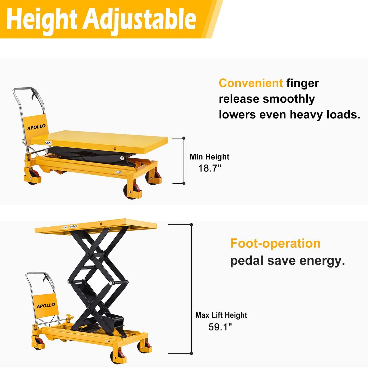 APOLLO Lift Table Cart Manual Double Scissor Lift Table Hydraulic Cart Platform Cart 1760lbs Capacity 59" Lifting Height