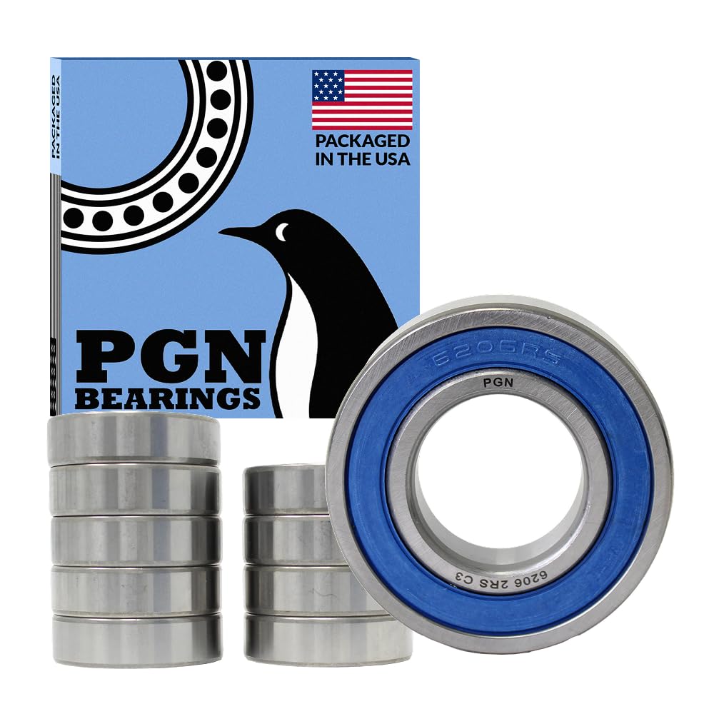 PGN (10 Pack) 6206-2RS Bearing - Lubricated Chrome Steel Sealed Ball Bearing - 30x62x16mm Bearings with Rubber Seal & High RPM Support