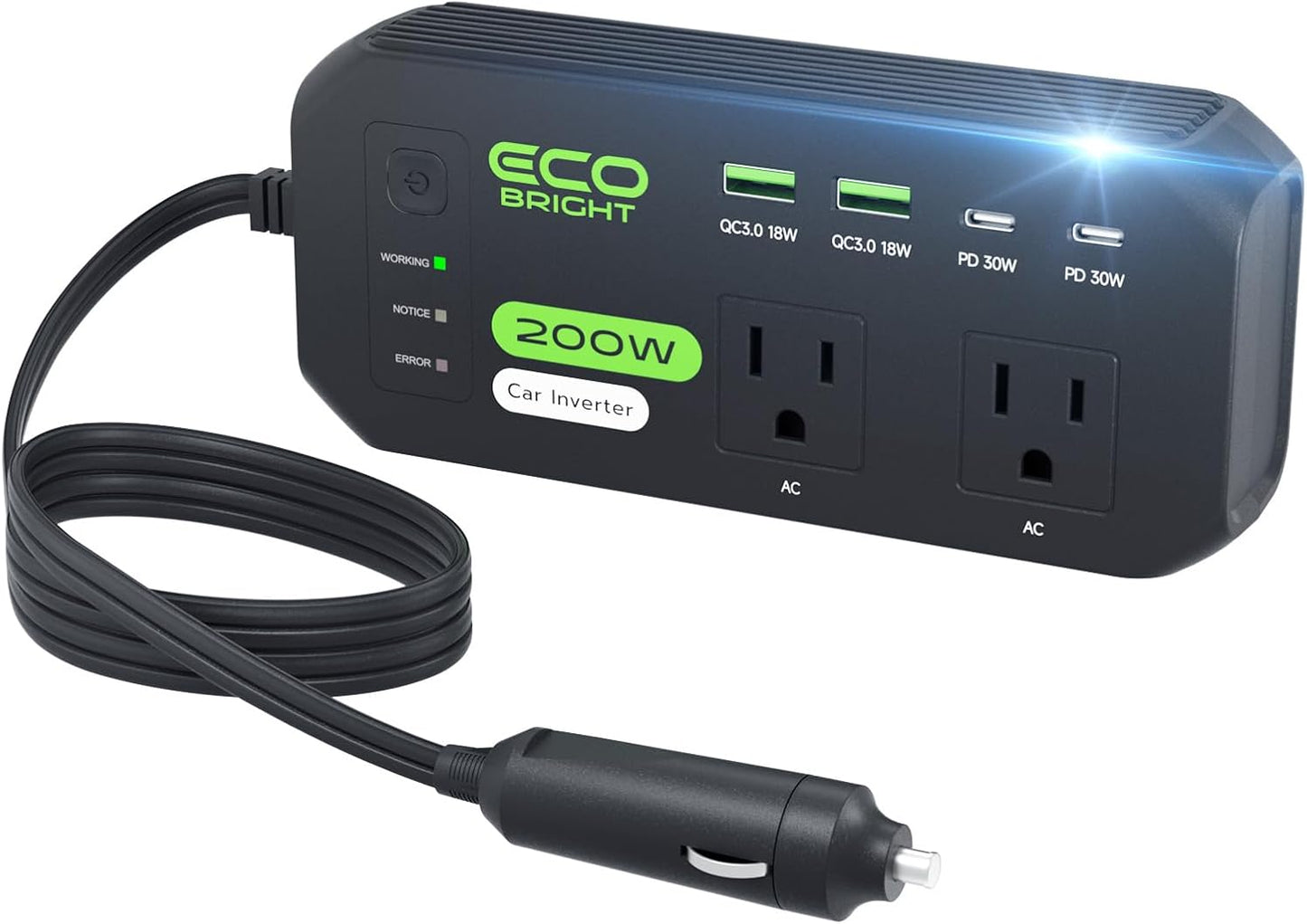 ecoBright 200W 12V 110V 30W 18W 2 12V Car Power Inverter DC to AC, USB-C & USB-A Fast Charging, AC Outlets for Laptop