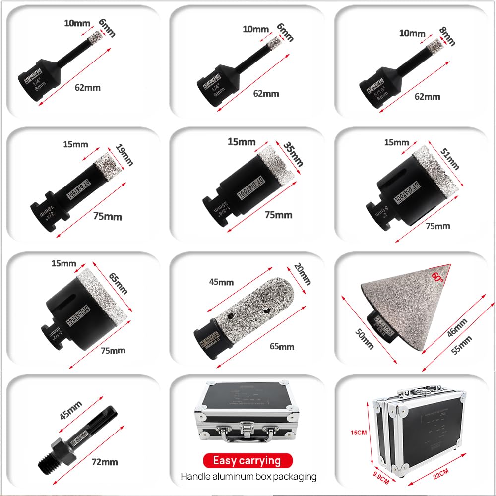 Diamond Tile Hole Saw Kit 10-Pack, DT-DIATOOL Diamond Core Drill Bits Set 6/6/8/19/35/51/65mm+20mm Finger Bit+50mm Chamfer Bit+SDS Adapter for Porcelain Ceramic Tile Marble Granite
