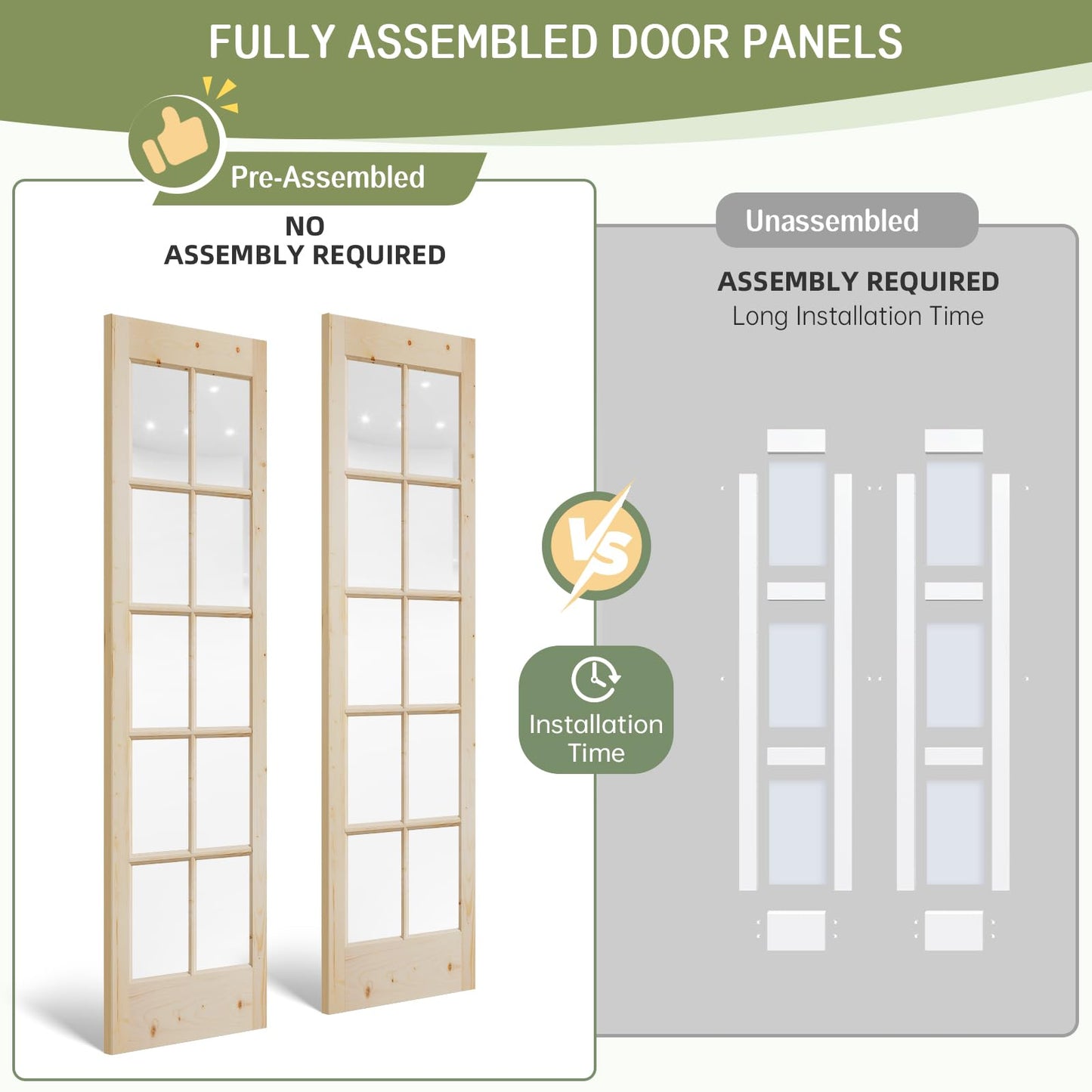Easelife Preassembled Sliding Closet Door 60in x 80in (Double 31in), Spruce Wood Barn Door Slab with Bypass Hardware Track Kit, Tempered Clear Glass, Fit Interior Pantry Kitchen