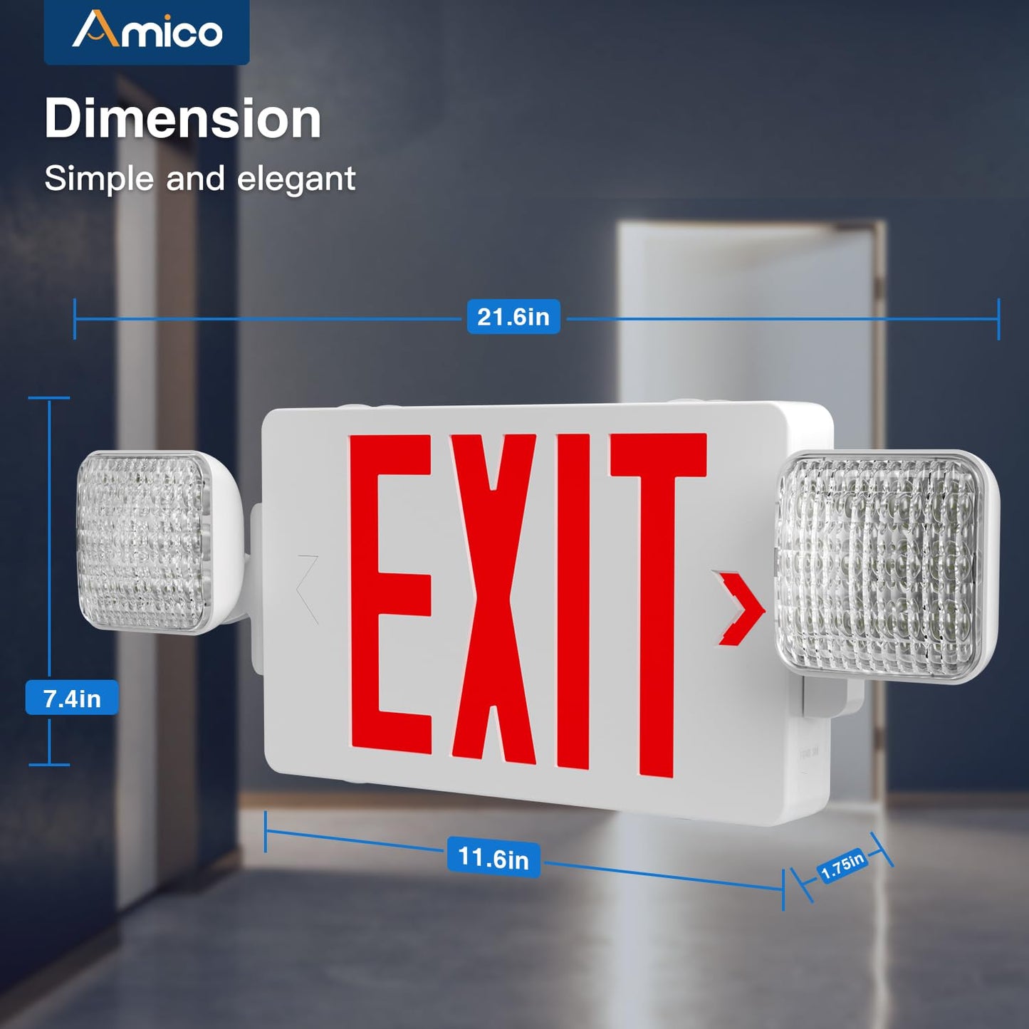 Amico 4 Pack Red Exit Signs with Emergency Lights, Commercial Grade, 94V-0 Fire Resistant Housing, Two LED Adjustable Head, Emergency Exit Sign with Lights Battery Backup, ETL Certified, AC 120/277V