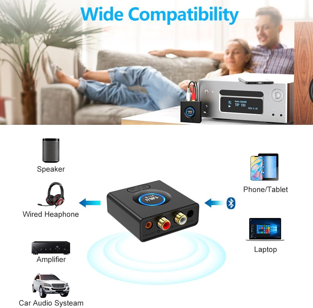 1Mii 12H 5.1 Bluetooth Receiver for Home Stereo, Wireless AUX & RCA Adapter, Dual Device Pairing, Playtime, Bass Boost