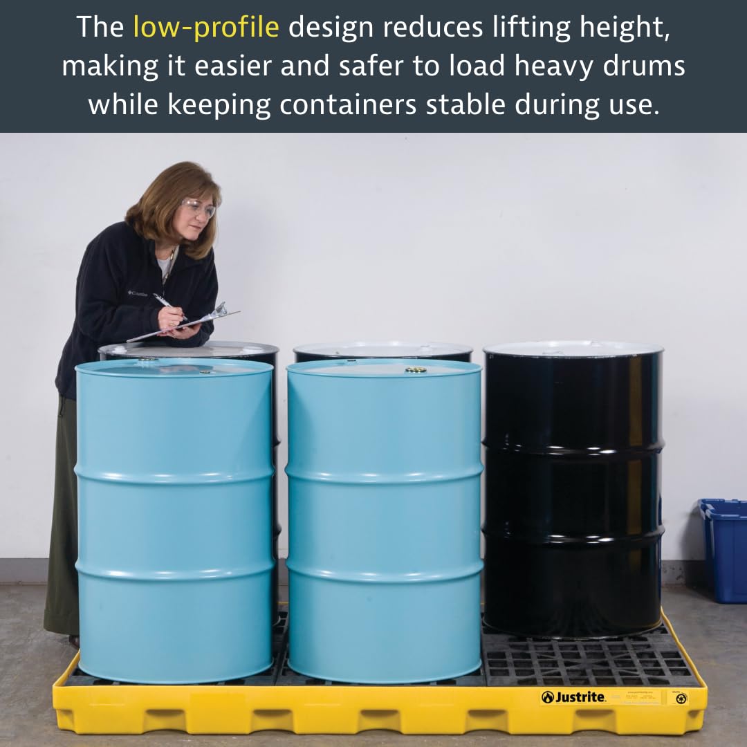 Justrite Low Profile 1 Drum Spill Containment Pallet Accumulation Center - 5.5" Tall - 12 Gal Capacity for 55 Gallon Drum Containment - Made in The USA from 100% Recycled Polyethylene - Black - 28653