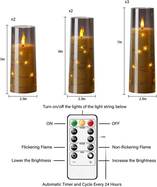 Eebuss Flameless Candles - Battery Operated LED Pillar Candles with Timer & Remote Control | Set of 7 Grey