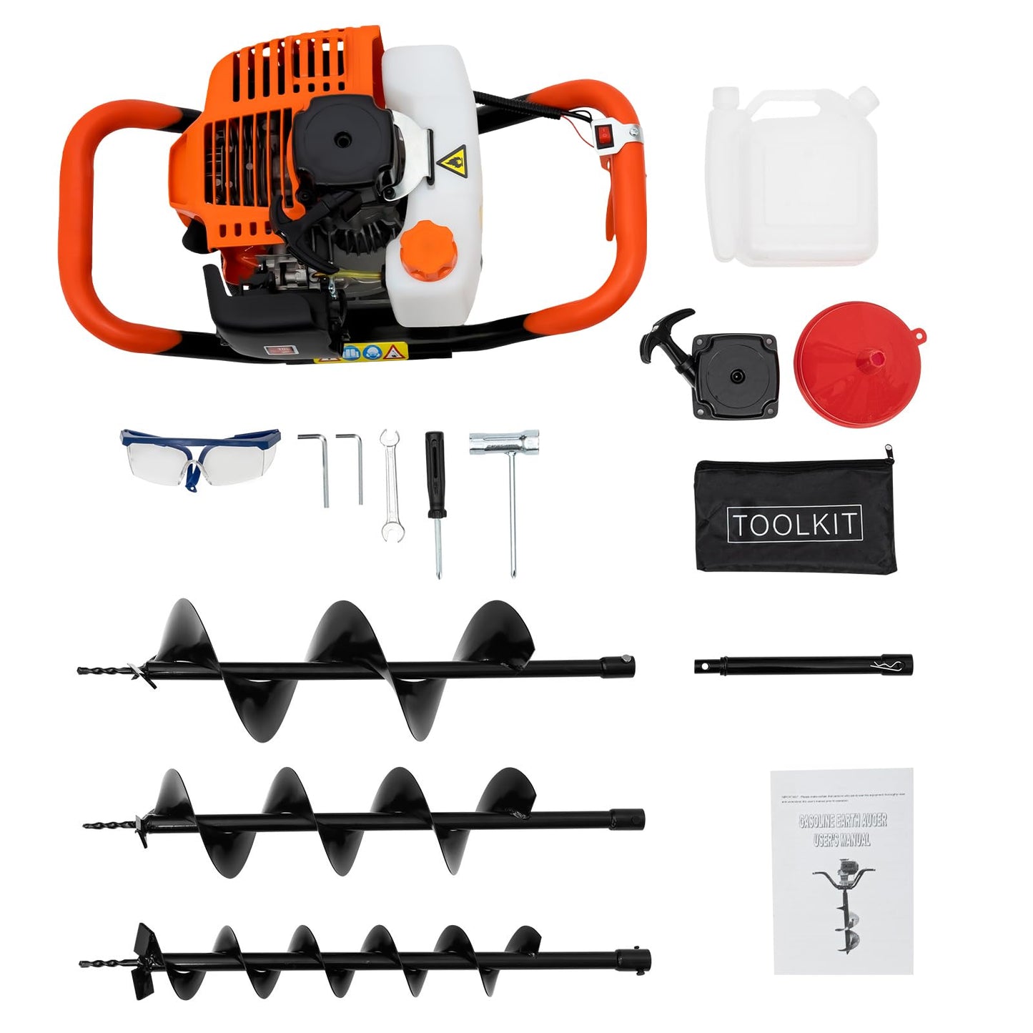 Post Hole Digger, 52cc 2.3HP 2 Stroke Gas Powered Auger, Steel Construction Digging Tool with 3 Drill Bits (4", 6", 8") and Extension Bar for Fence Poles Tree Planting Gardening Soil