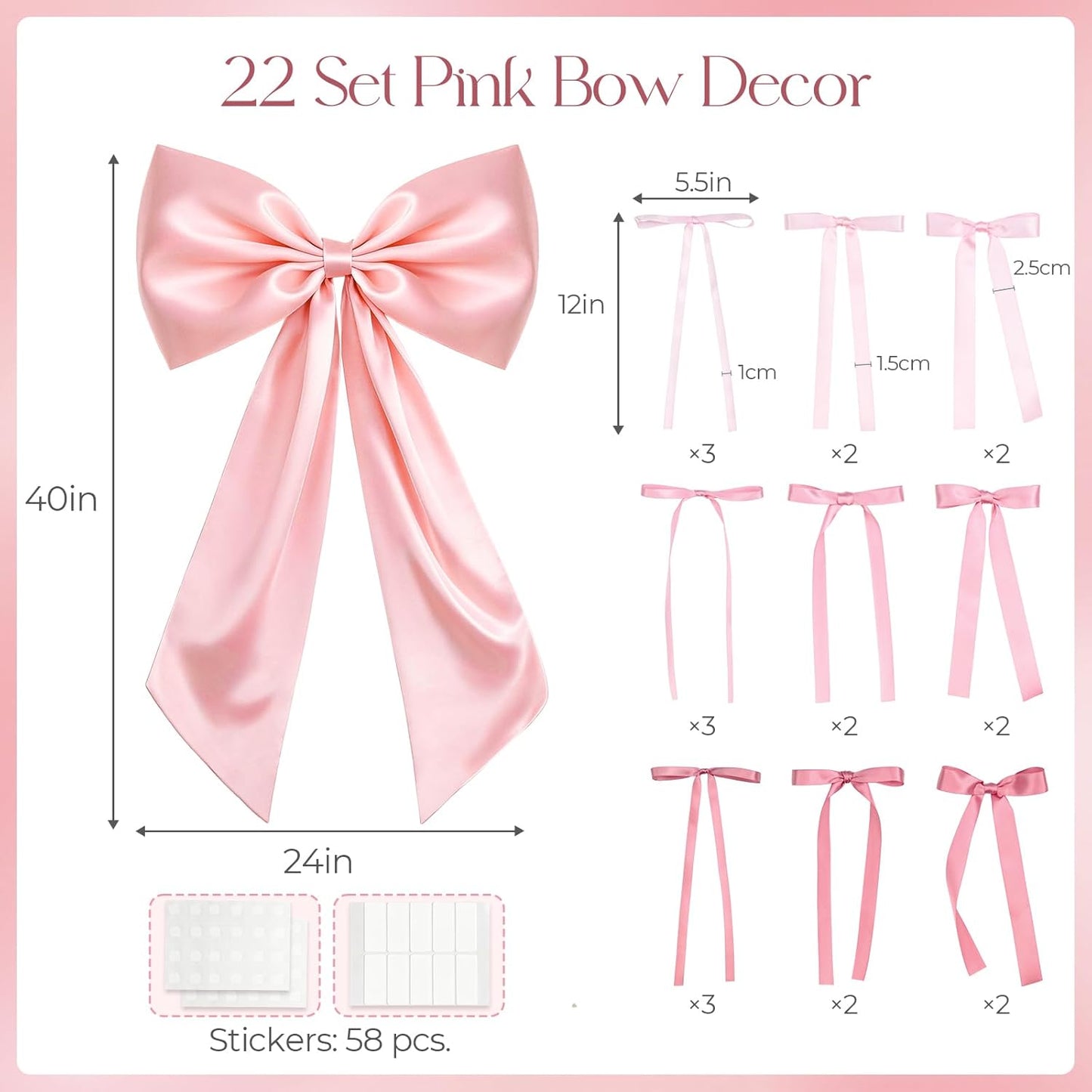 Skiennix Large Pink Bow Set - 22Pcs Giant Satin Bows (40x24 Inch) & 21 Small Bows for DIY Decor