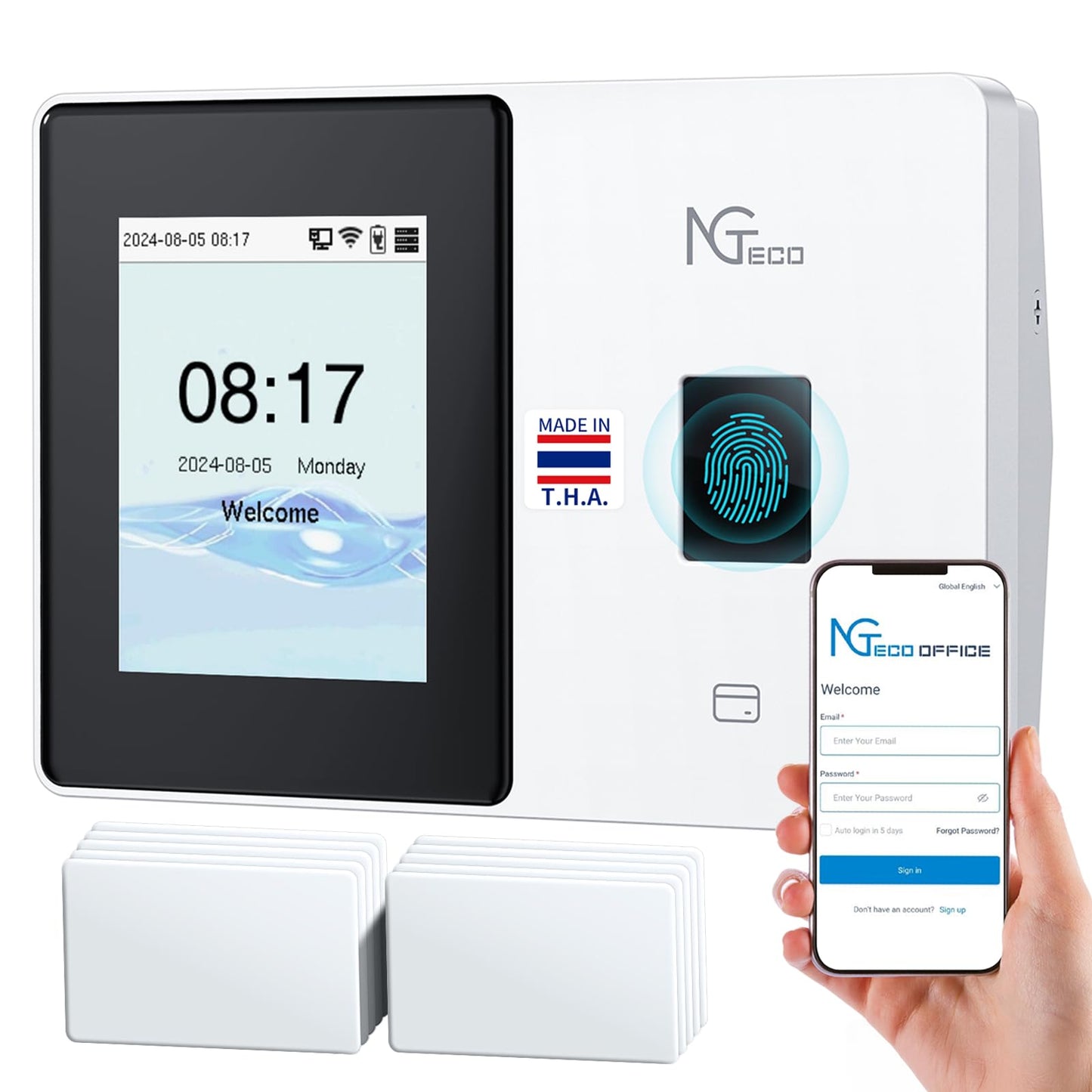 NGTeco Cloud Employee Time Clock, Fingerprint & Card Punch Machine with 2.4G/5G WiFi, 2000mAh Backup Battery, Remote APP/Web Control & AWS Secure Storage (0 Monthly Fee)