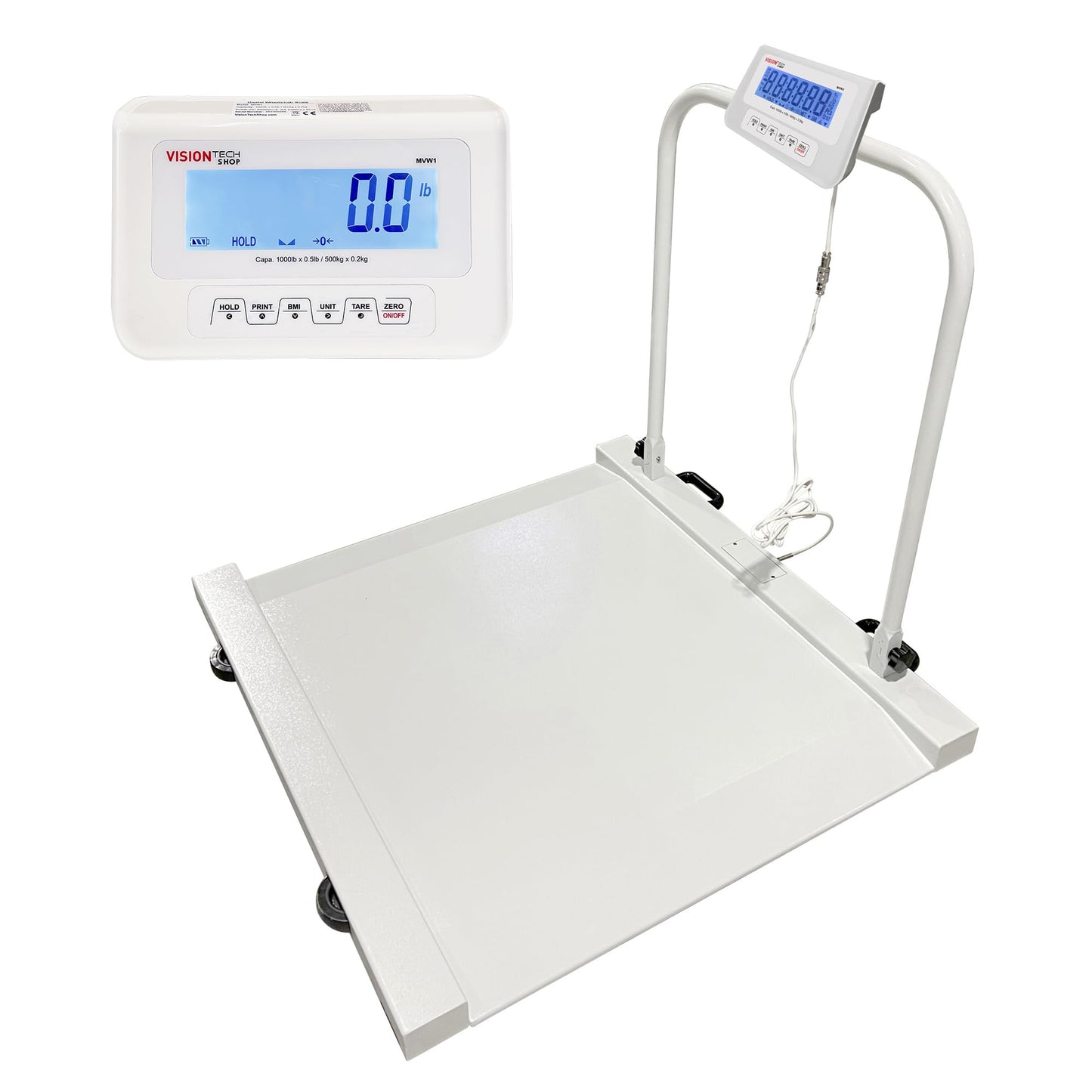VisionTechShop MVW1 Heavy Duty Wheelchair Scale Platform 1000lb x 0.5lb / 500kg x 0.2kg, Intergrated Foldable Handle and Wheels for Easy Portability, Large LCD Display with Backlight - 1 Piece