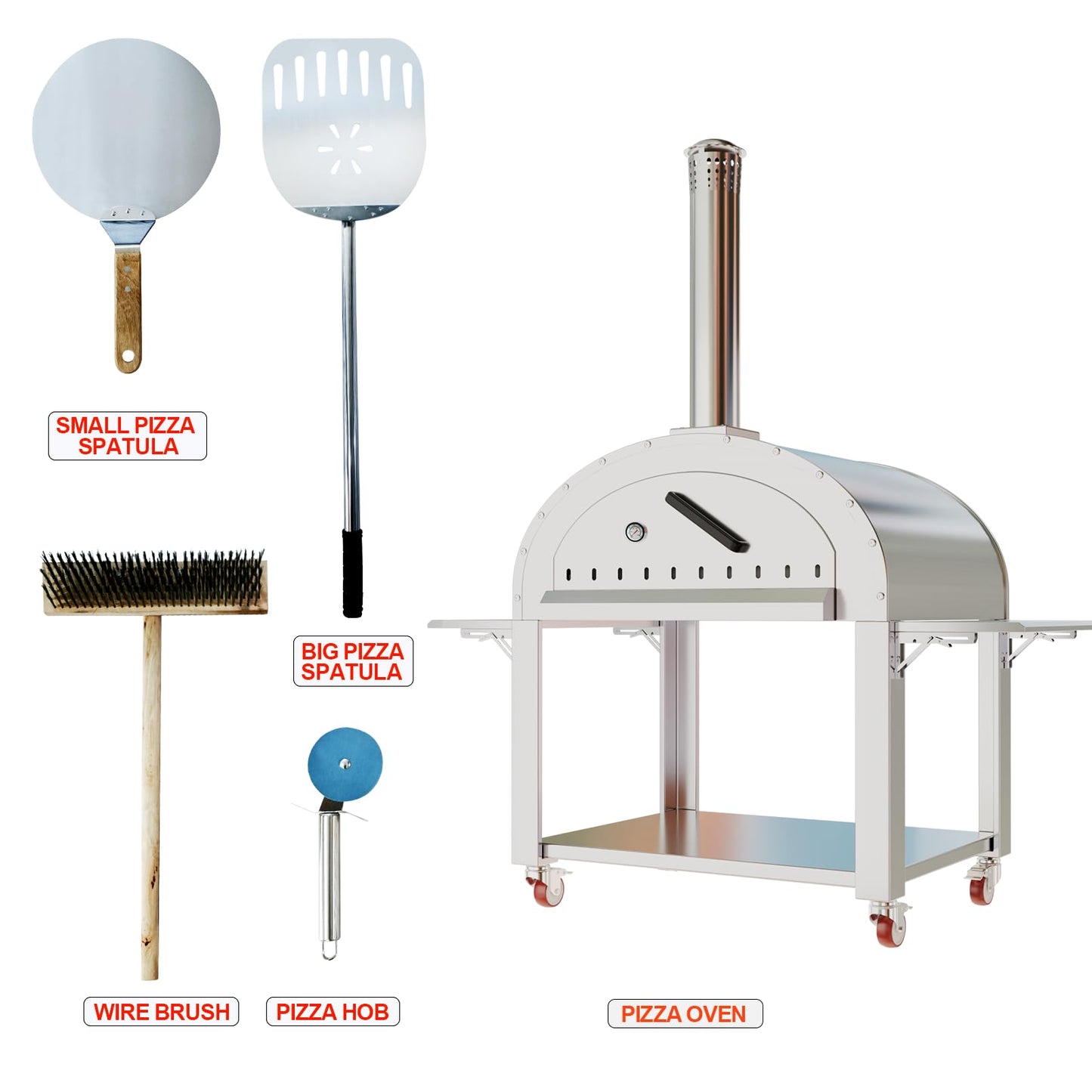Pizza Oven, Outdoor Pizza Oven 44 Inches, Wood Fire Pizza Oven with Wheels, Stainless Steel Pizza Maker for Outdoor Kitchen, Backyard, Patio, Garden & Restaurant