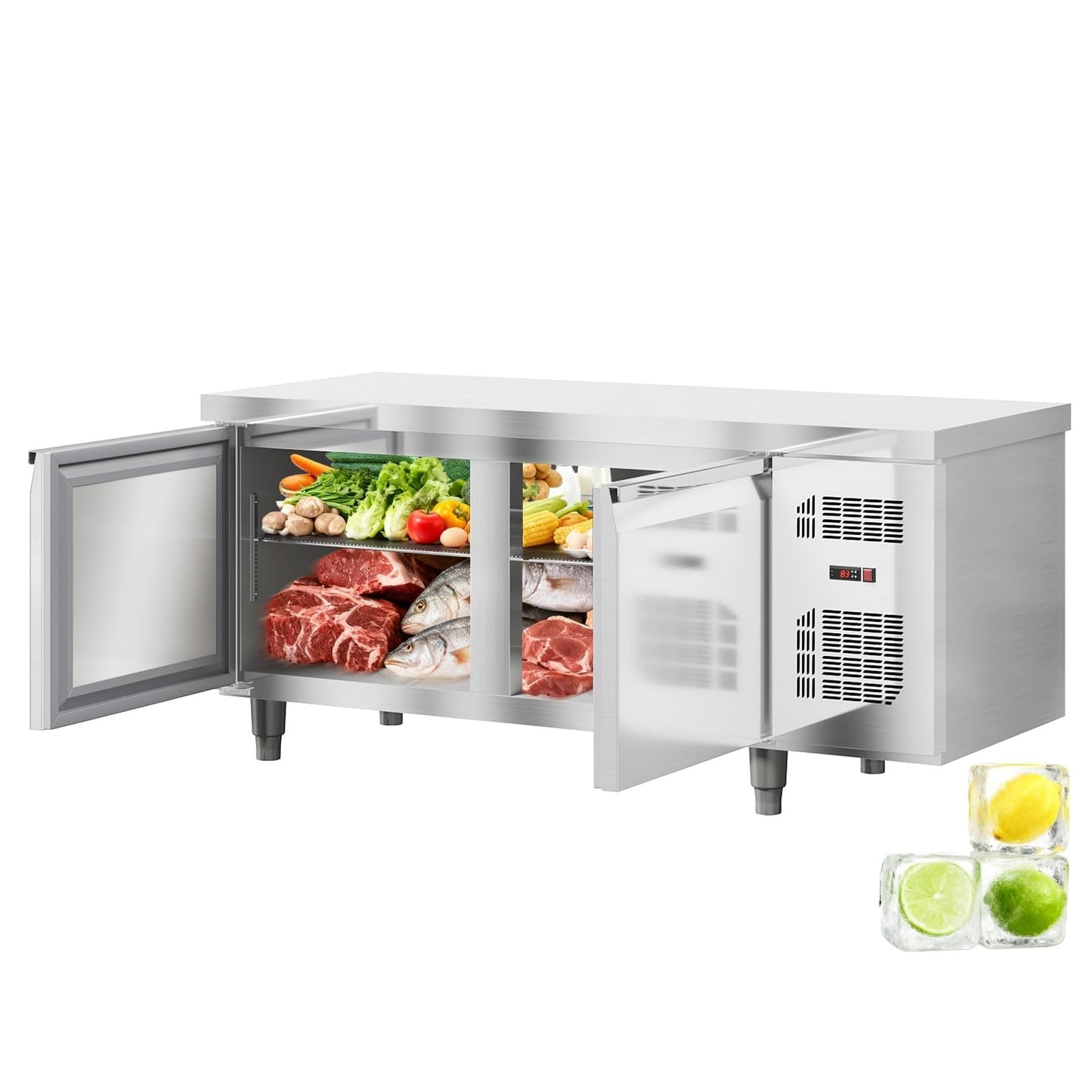 71" Undercounter Commercial Prep Table Freezer – 18 cu. ft. Stainless Steel, 2-Door Frost-Free Freezer Station with Worktop, for Restaurants, Bars, & Food Service"
