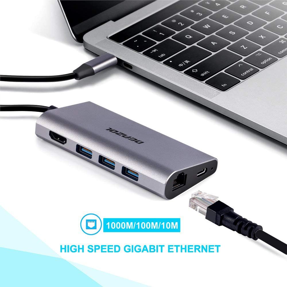 DEPZOL 8-in-1 4K, RJ45, 3 3.0 2018/2017/2016 USB C Hub, Type C Adapter Dock to HDMI Gigabit Ethernet PD Power Delivery