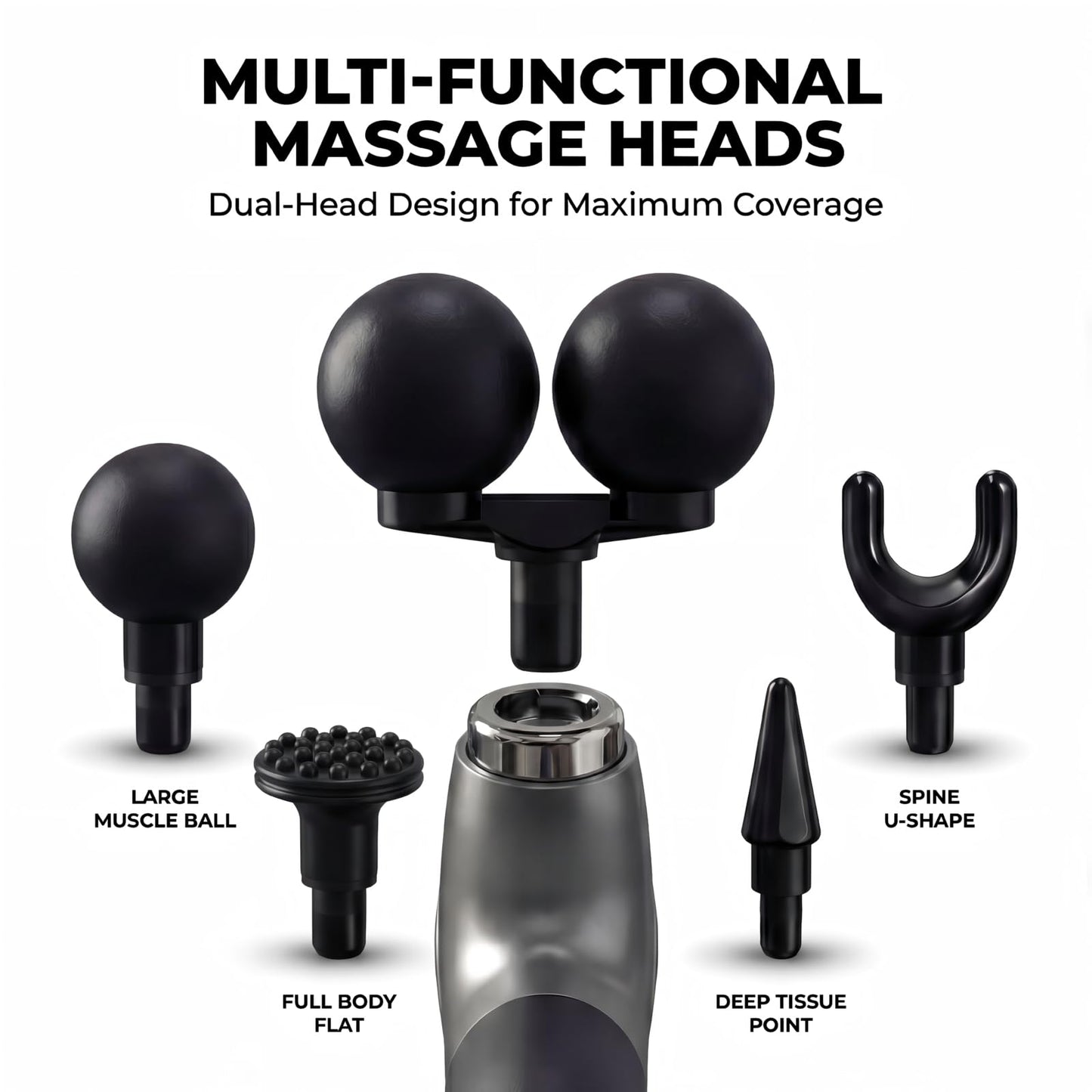 makecatch Long Handle Massage Gun for Back and Shoulders, Ergonomic Extended Reach Deep Tissue Massager, U-Shaped Dual Head Percussion Muscle Massager, 12 Speeds with 5 Heads, Quiet & Cordless