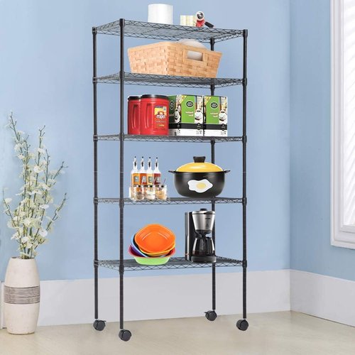 BestOffice 5-Tier Wire Storage Shelves - Heavy-Duty Metal Racks with Wheels | Adjustable 14x30x60 | Black | Easy No-Tool Assembly