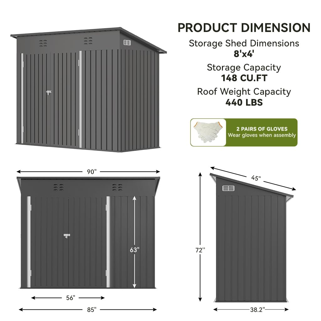 COMHOMA Shed Outdoor Storage Shed Metal,Lockable Doors Tool Sheds with Sloping Roof,Steel Garden Shed with Air Vent for Backyard,Patio,Lawn,Poolside(Grey,8'*4')