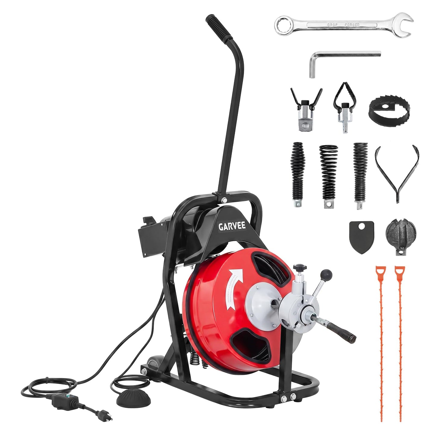 Garvee 50FT 1/2 Inch Drain Cleaner Machine with 250W Motor - Auto Feed Sewer Snake Auger, 4 Cutters, Air-Activated Foot Switch, Semi-Enclosed Drum for 2" to 4" Pipes