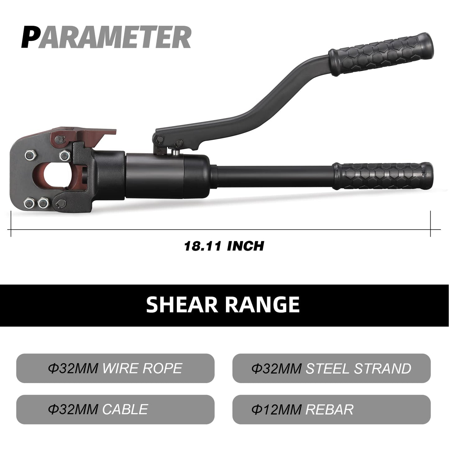 NEWTRY dia 32mm(1.26inch) Hydraulic Cable Rebar ACSR Cutter Heavy Duty 60KN Cutting Tool for Steel Wire Rope/Steel Strand/lron chain