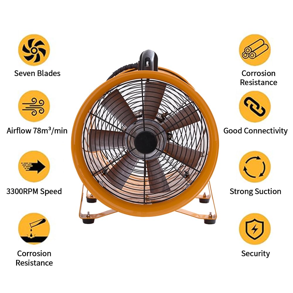 Aglaipty 12-Inch Industrial Portable Air Blower Ventilator, 3300 CFM Heavy-Duty Tube Exhaust Fan, 550W High-Velocity Low-Noise Air Mover for Extraction, Ventilation (12 Inch Blower Fan)