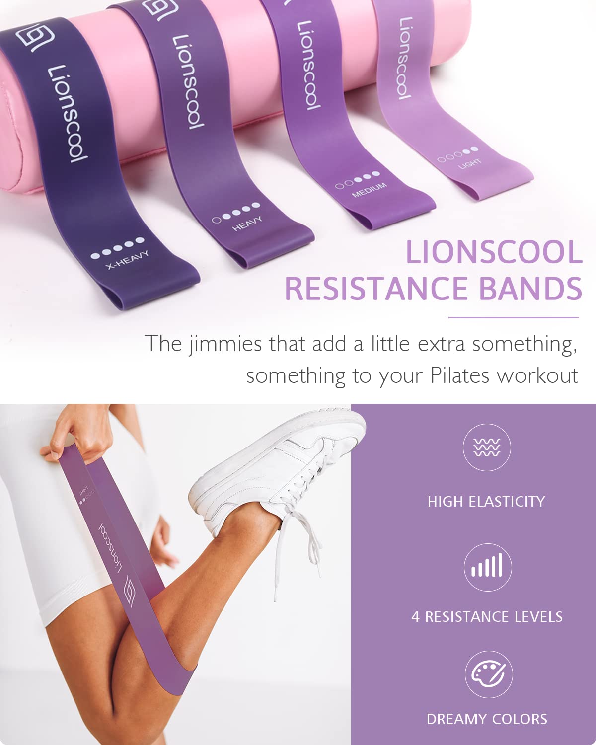 LIONSCOOL Pilates Ring Set (Purple) - 14" Anti-Deformation Magic Circle with Padded Handles, 9" Mini Ball, Elastic Latex Resistance Bands, Guide & Bag