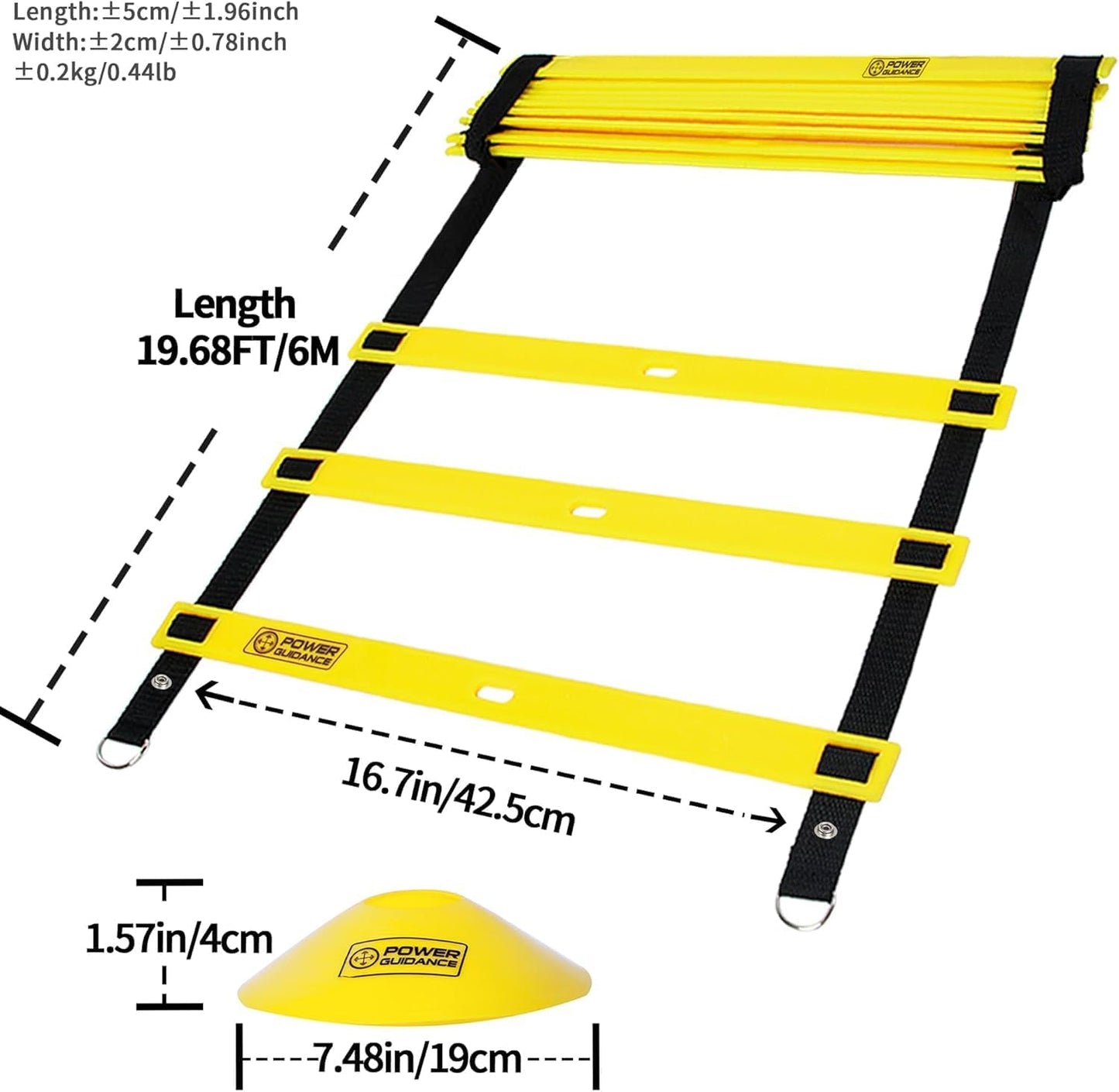 POWER GUIDANCE Agility Ladder (20 Feet) with Cones for Speed Agility Training & Quick Footwork Exercise - Soccer & Football Training Equipment for Adults, Youth & Kids (Yellow)