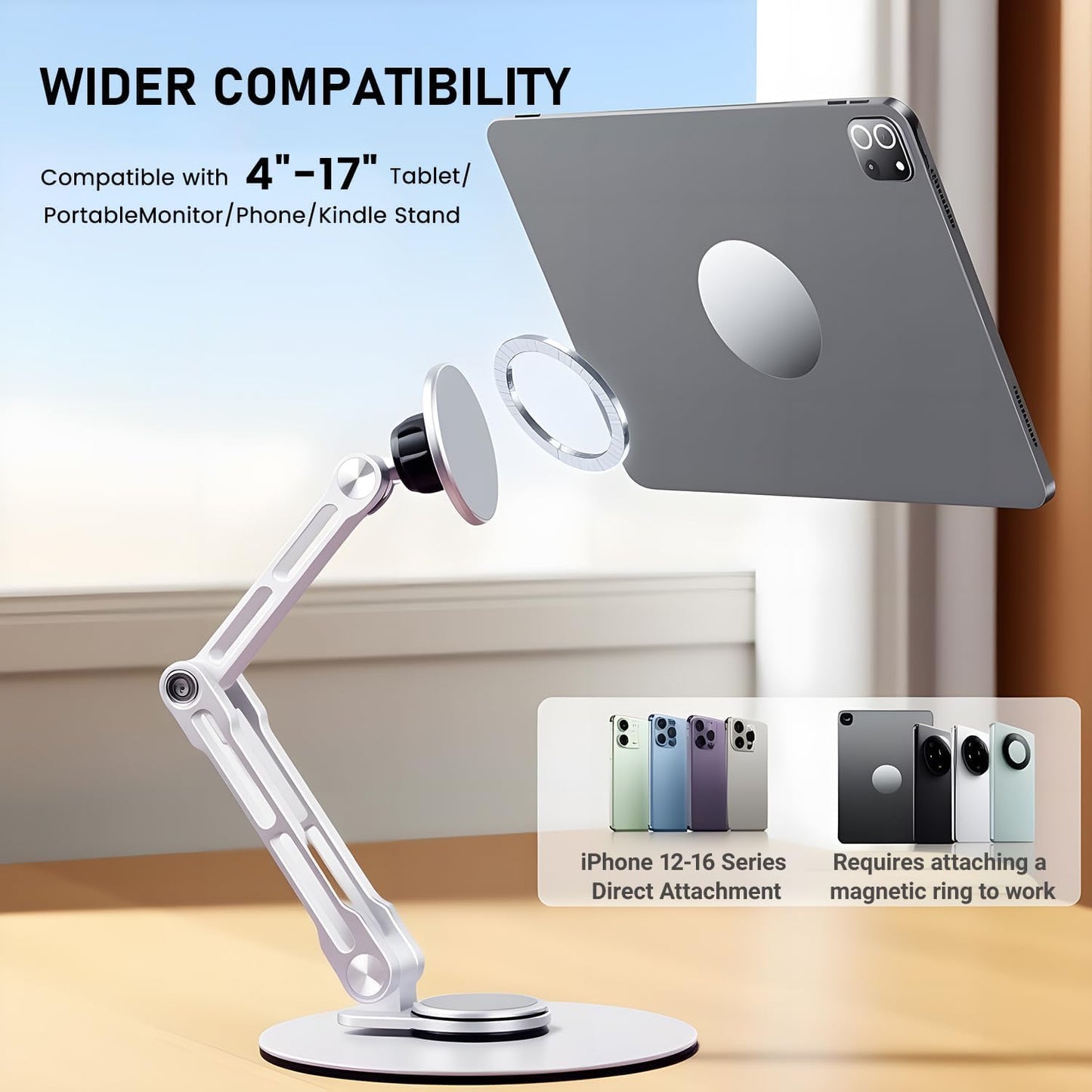 Msounehna 360 Magnetic iPad Stand for Desk, Foldable Aluminum Alloy Tablet Holder with Adjustable Base | Ergonomic