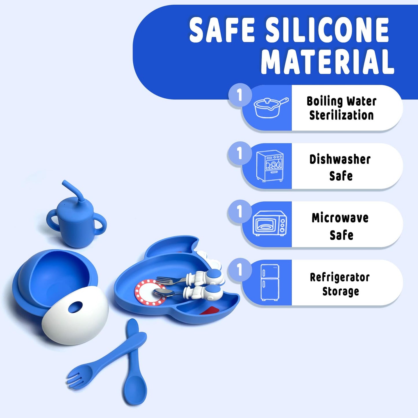 8 PCS Silicone Baby Feeding Set, Astronaut Theme, Spoons, Fork, Silicone Bibs, Baby Sippy Cups, Plate Bowl Set Baby Eating Essentials Led Weaning Toddler (Blue)