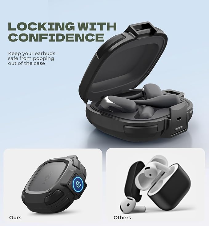 Dexnor for Shokz OpenFit 2 Case with Drop-Proof Lock, Shockproof Rugged Bumper Cases Protective Cover with Carabiner & Keyring & Cleaner Kit for Shokz OpenFit 2 (2025) Black