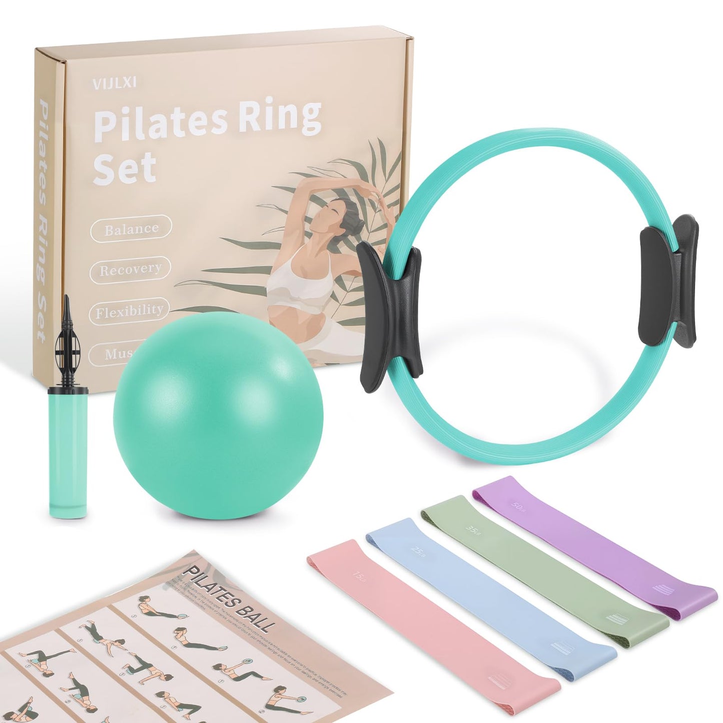 VIJLXI Pilates Kit, Home Pilates Equipment with Pilates Ring, Ball & 4 Resistance Bands, Core Strength Training for Flexibility & Muscle Toning