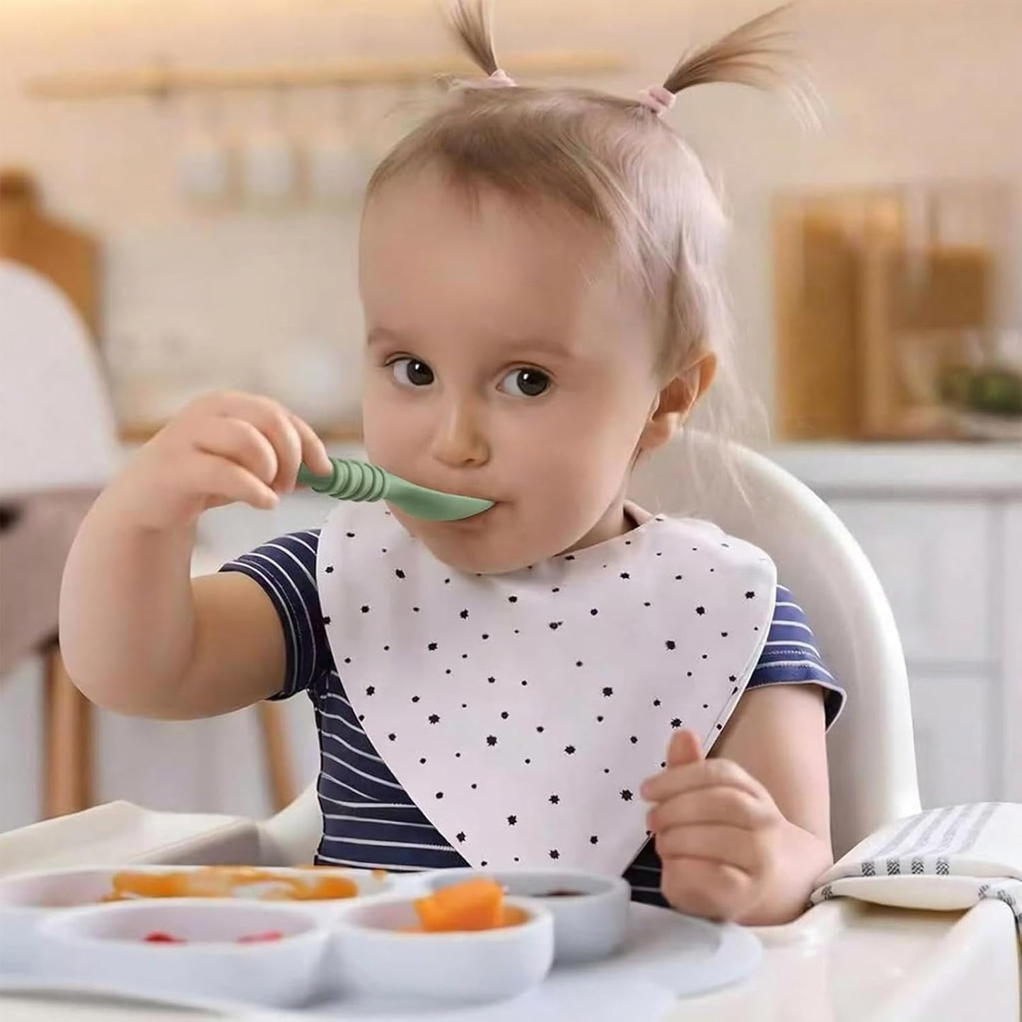 PandaEar Silicone Baby Spoons - 6 Pack for Baby Led Weaning | Self Feeding Utensils 6+ Months (Blue, Green, Beige)