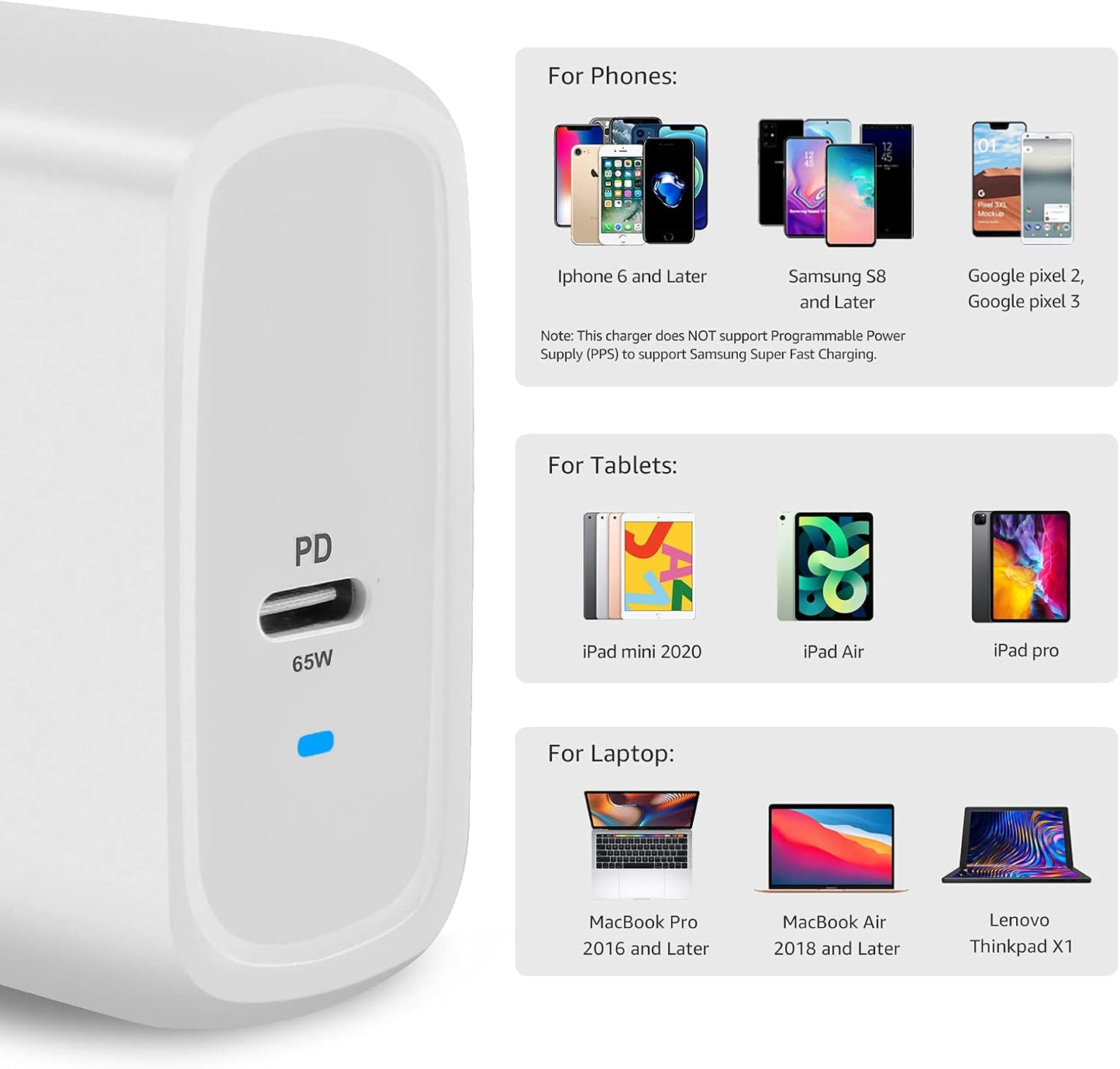 Amazon Basics 65W One-Port GaN USB-C Wall Charger with Power Delivery PD, Foldable Plug, Portable, Fast Charging