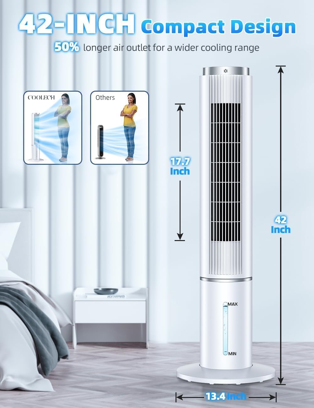 COOLECH 42 INCH Portable Swamp Cooler Air Conditioner w/4 Modes & 3 Speeds, 1-Gal Tank for 15H Cooling Evaporative Air Cooler, 12H Timer, Remote, 90° Oscillating Windowless Air Conditioner for Bedroom