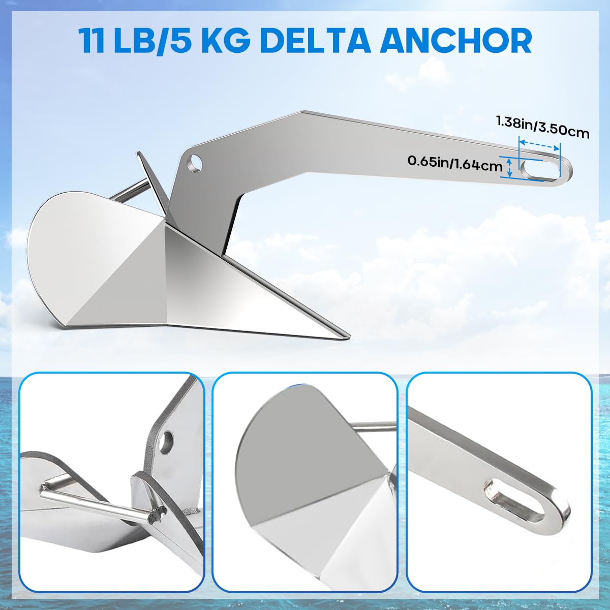 FUCNEN Delta Anchor 316 Stainless Steel Boat Anchor 11 lb/5kg Triangular Plow Anchor for Pontoon Beach Fishing Boats Sailing Boats Marine Grade Polished Small Anchor for 16-23 FT Boats